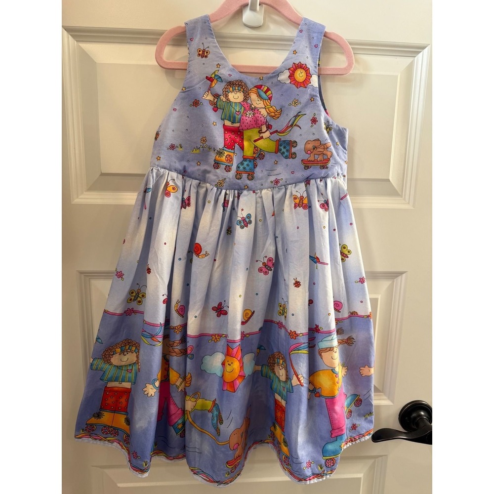 Handmade 90s Style Kids Roller Skating Novelty Print Sleeveless Dress Blue 6/7